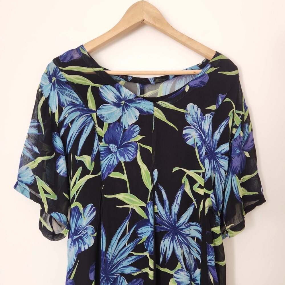 Vintage 90s Black Floral Midi Dress Crinkle Fairy Grunge Blue Lola P Medium - Picture 2 of 16